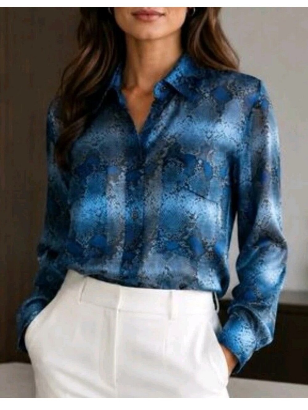 Equipment Blue Silk Snakeskin Print Button Front Signature Top  218.00